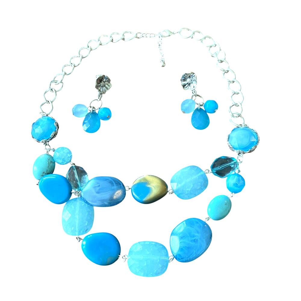 Fashion Jewelry Set silvertone chain blue stone necklace & pierced earrings